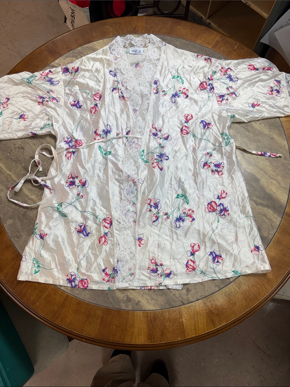 Vintage Silk-Feel White Floral Lace Trim Robe - Women Intimates & Sleepwear